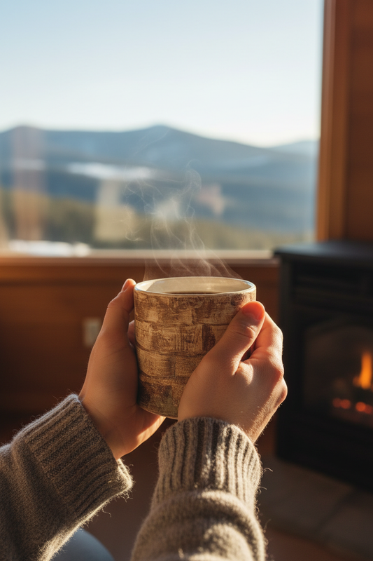Hands holding rustic stoneware mug
