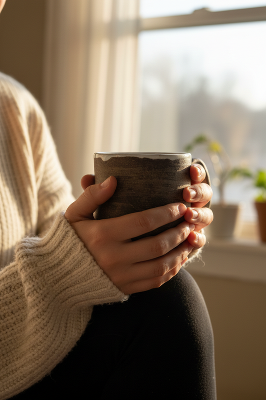 Person holding mug by window