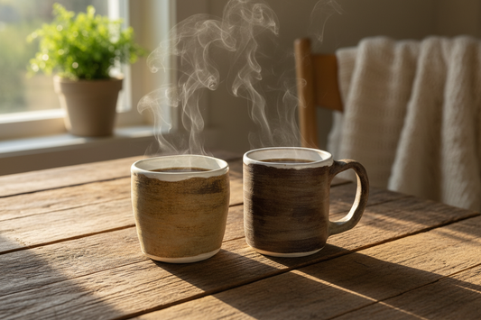 Two mugs on wooden table