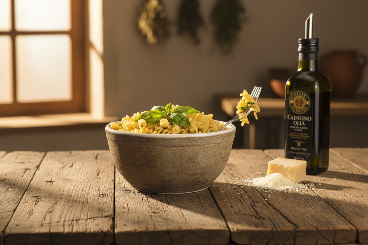 Golden Birch Bowl Pasta Scene