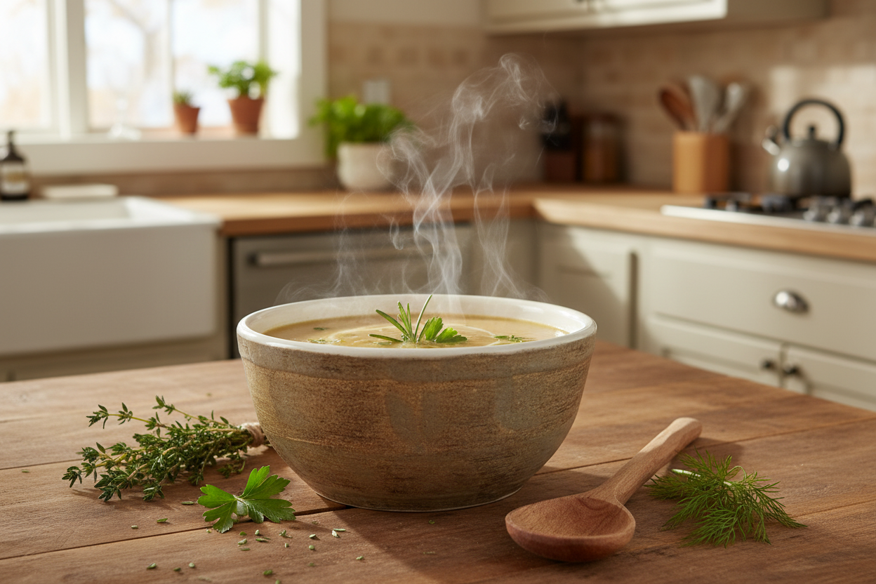 Golden Birch Bowl Soup Scene