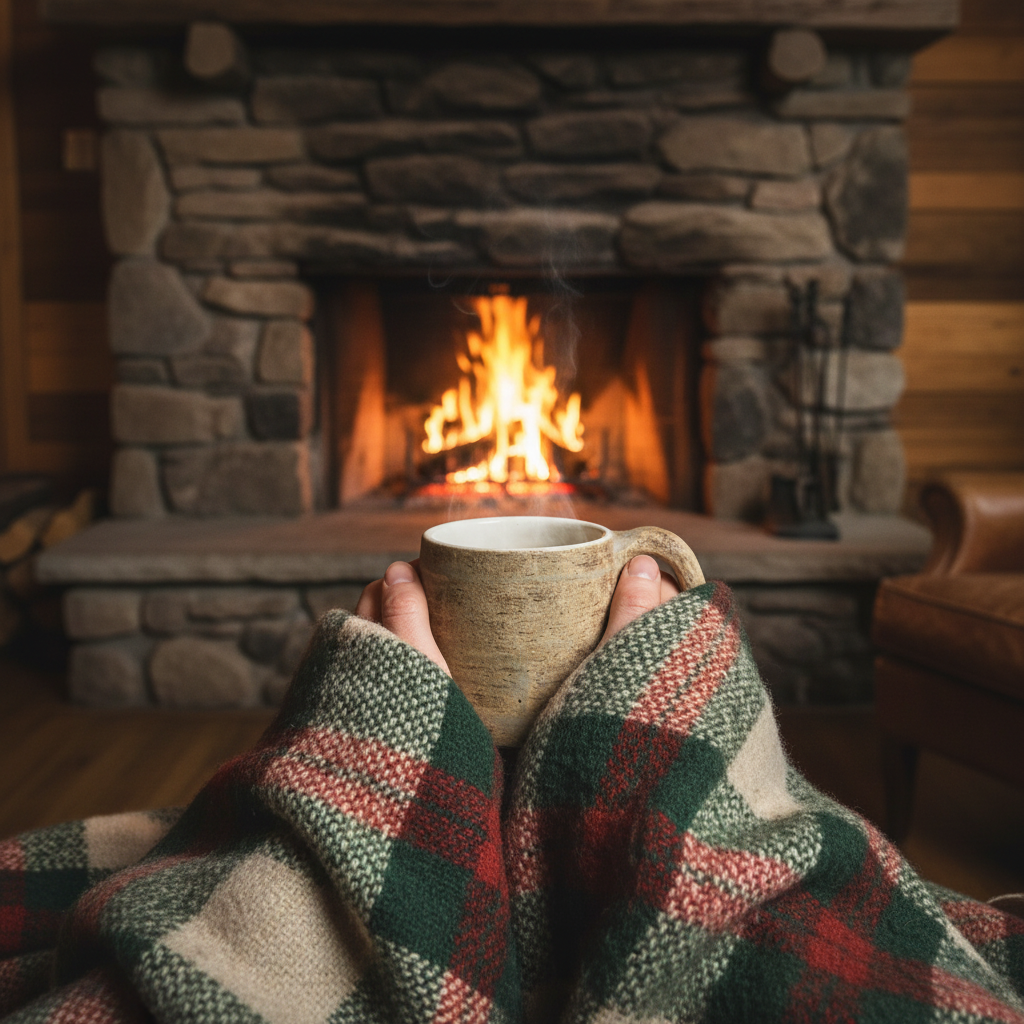 Hands holding mug in blanket by fire