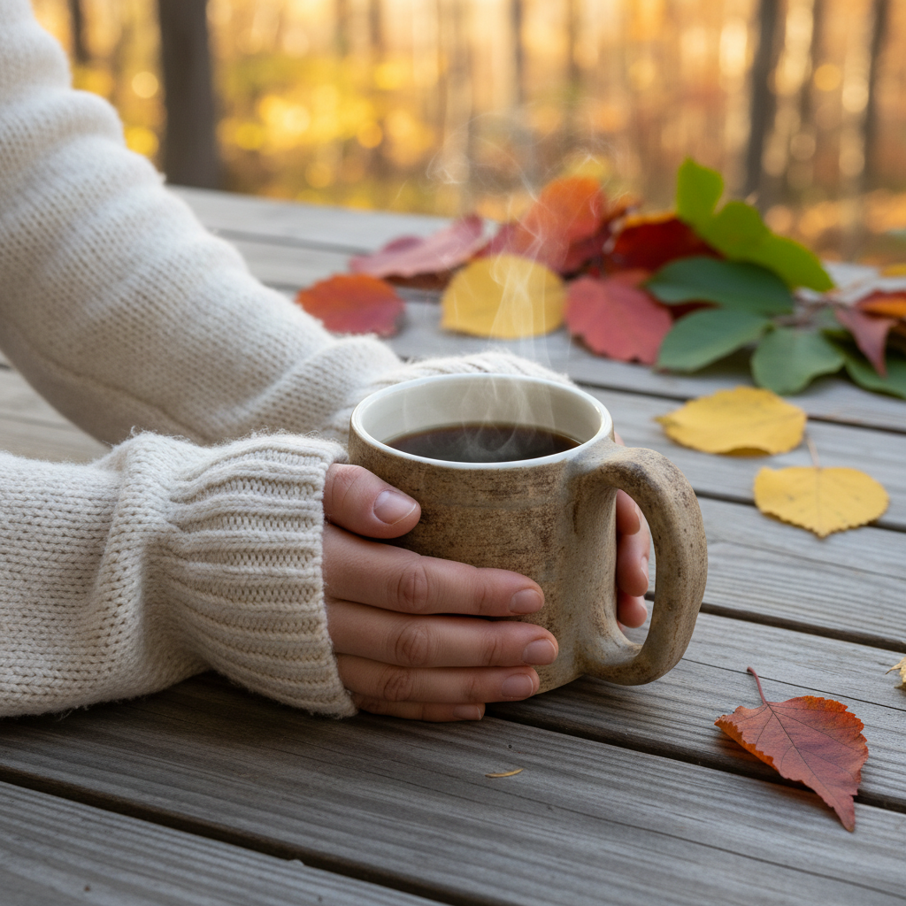 Hands holding mug outdoors