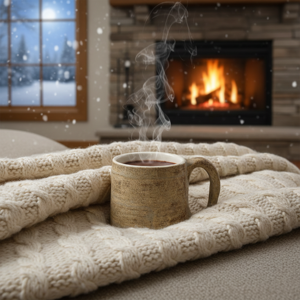 Mug nestled in blanket on sofa