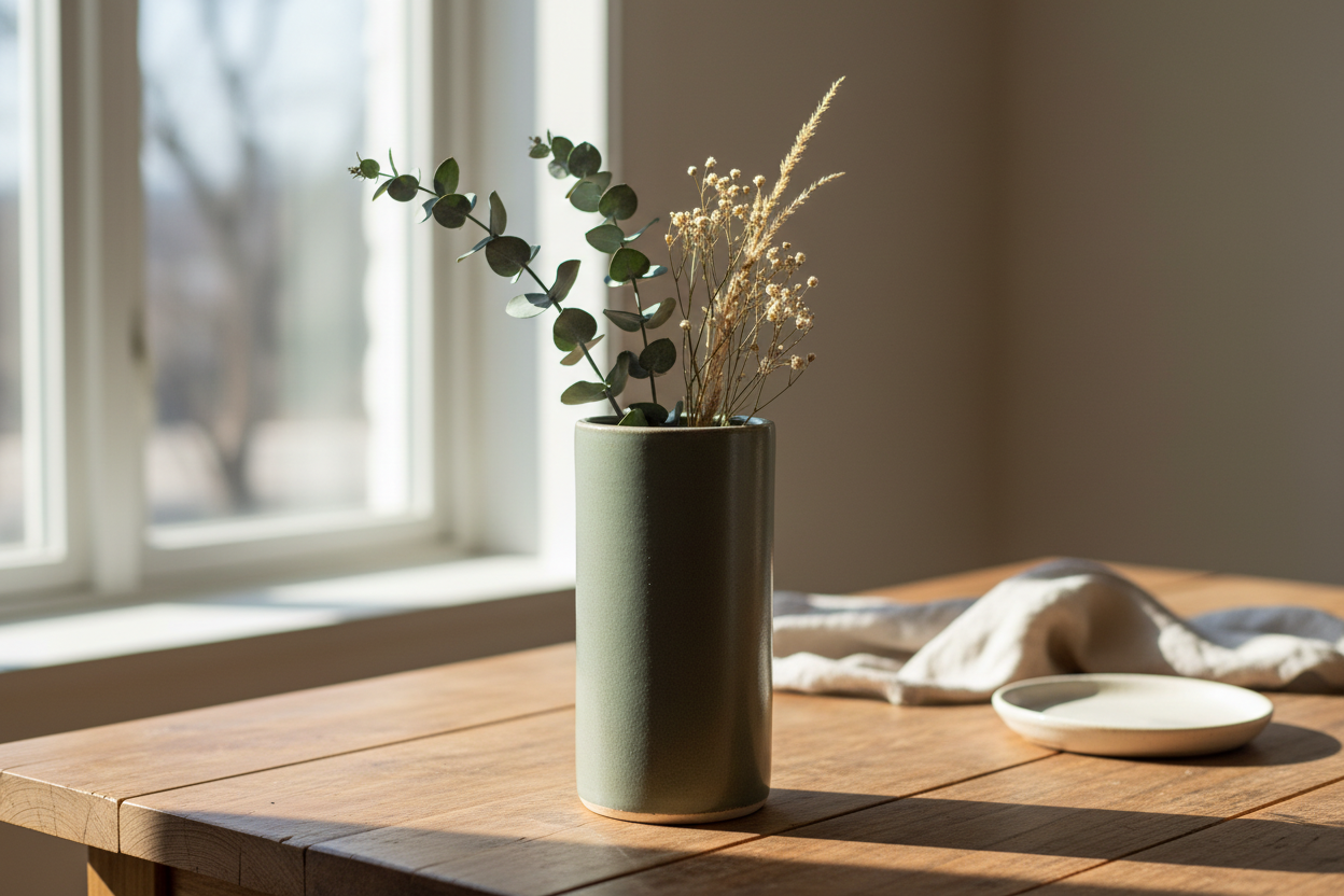 Vase on wood table with natural light