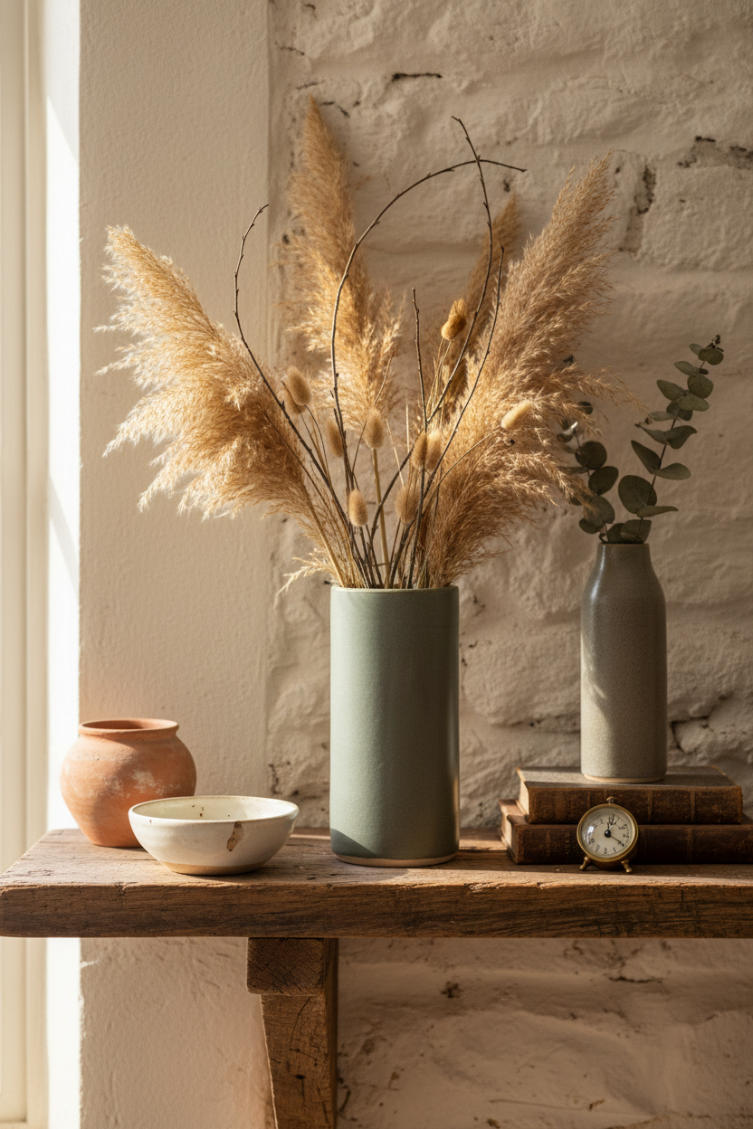 Vase styled on rustic shelf